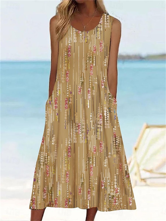  Vestido Midi Feminino Vestido de Alça Floral Gráfico Com Pregas Bolso Gola Redonda Diário Férias Sem Mangas Verão Primavera