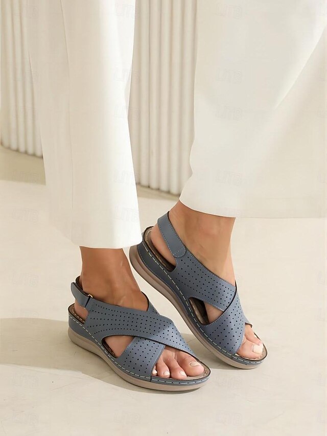 Women's Blue Perforated Slip-On Wedge Sandals - Comfortable and Stylish for Everyday Wear 10