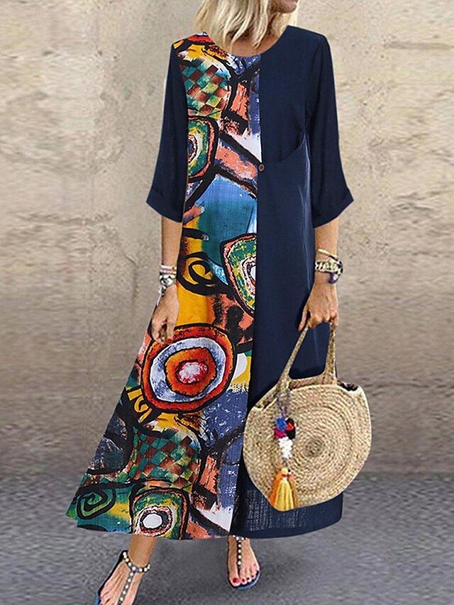 Women's Cotton Print Patchwork Crew Neck Maxi Dress Vintage Basic ...