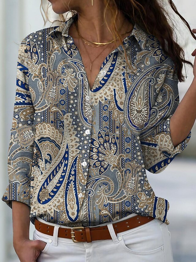 Women's Shirt Button Down Tunic Shirt Collar Long Sleeve Elegant Vintage Fashion Paisley s Print Regular Tops Casual Daily Holiday Blue Spring Fall 12