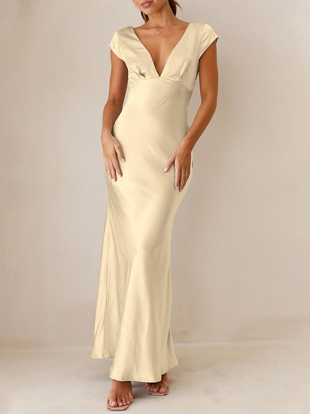  Vestido de convidada de casamento sereia azul céu vestido elegante formal black tie até o chão com mangas curtas decote em V charmeuse costas cruzadas com franzido
