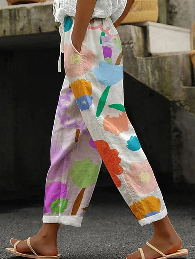 Women's Pants Trousers Straight Streetwear Casual Long High Waist Heart Floral Leaf Pocket Printing Elastic Drawstring Design Breathability Soft Micro-elastic Vacation Street Daily Wear White Red 5