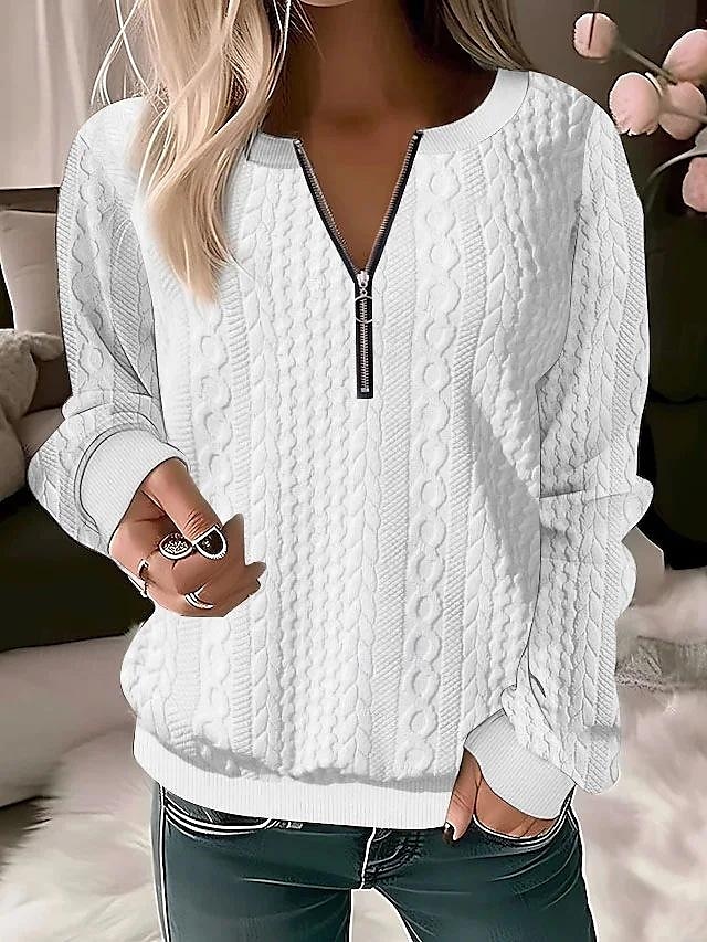 Women's Sweatshirt Pullover Casual Textured Plain Dailywear Crew Neck Quarter Zip Long Sleeve Black White Red Gray Fall & Winter 5