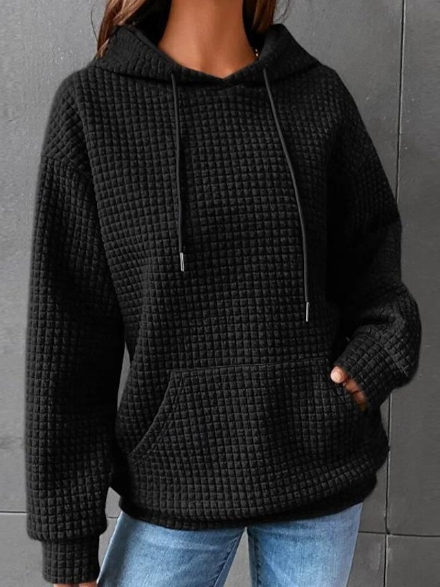  sweat à capuche pour femme pull décontracté texturé uni vêtements de tous les jours poche avant à capuche manches longues noir blanc rose gris automne& hiver