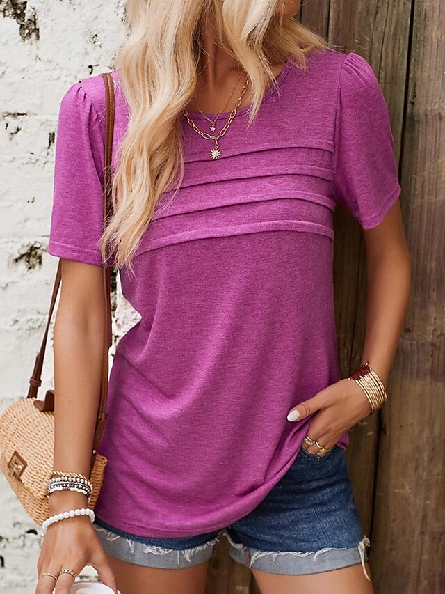  Dames T-shirt Geklede topjes Effen Casual Korte mouw Strakke ronde hals Normale tops Dagelijks Gelaagd Wit blauw Fuchsia Groen Zomer