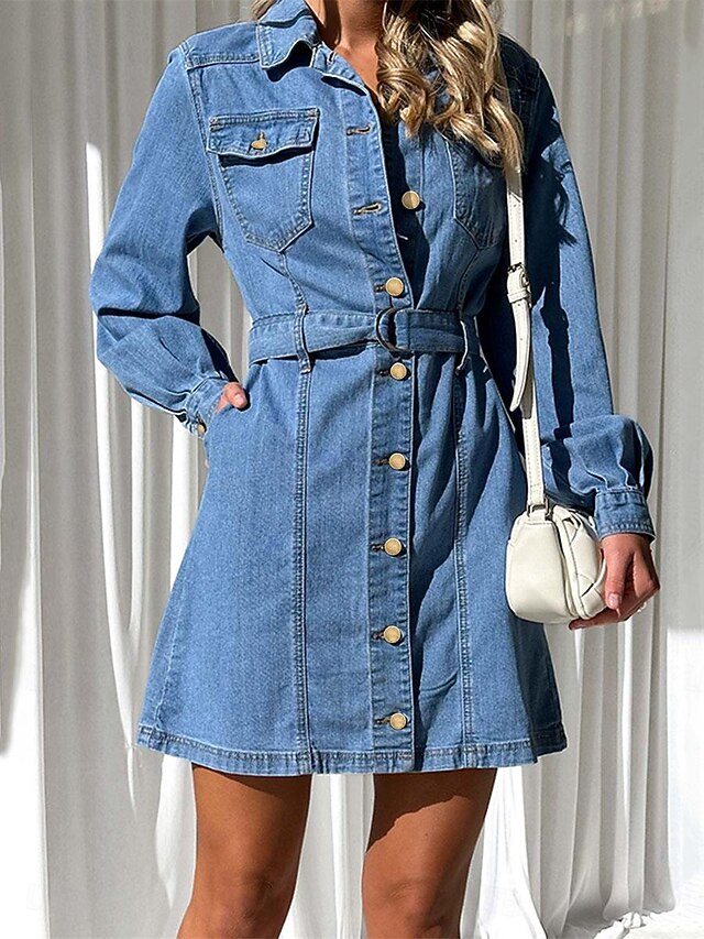 Women's Denim Dress Shirt Dress Mini Dress Date Vacation Denim Basic Modern Shirt Collar Button Pocket Long Sleeve Summer Spring Regular Fit Plain 11