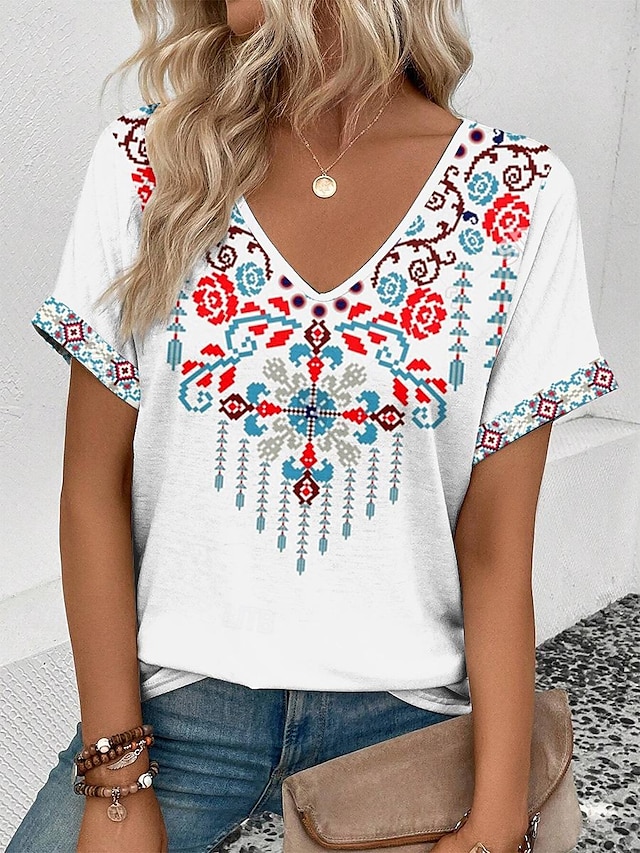  dámské tričko boho krátký rukáv regular topy do výstřihu daily white summer