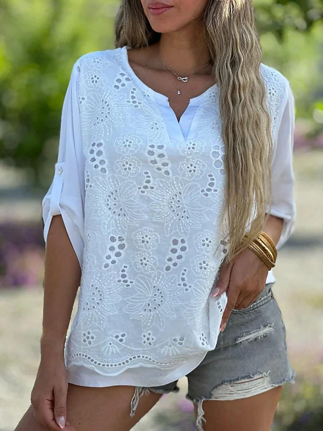 Women's Shirt Blouse Dressy Tops Solid Color Plain Stylish Basic Long Sleeve Notched Neck Regular Tops Daily Embroidered Eyelet Black White Orange Summer Spring Fall 19