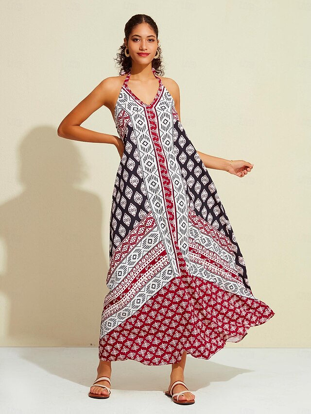 Halter Paneled Swing Long Dress
