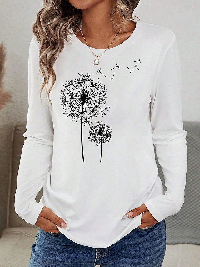 Women's T shirt Tee 100% Cotton Print Daily Basic Casual Long Sleeve ...