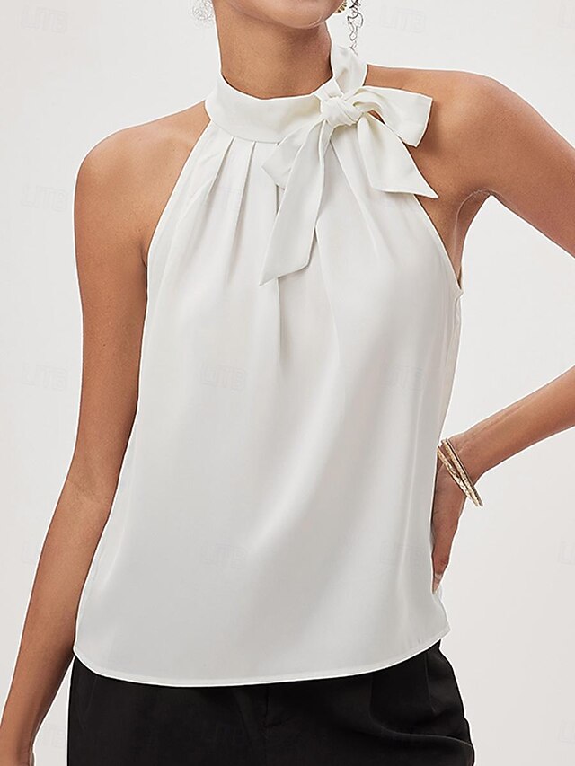 Women's Blouse Dressy Tops Plain Elegant Modern Sleeveless Sleeveless Halter Neck Regular Tops Work Ruched Bow White Summer 6