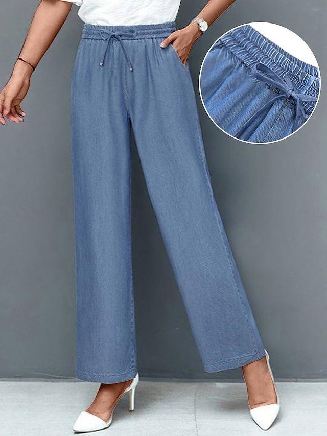  Women's Jeans Pants Trousers Pocket Baggy Plain High Waist Full Length Robin's Egg Blue Summer