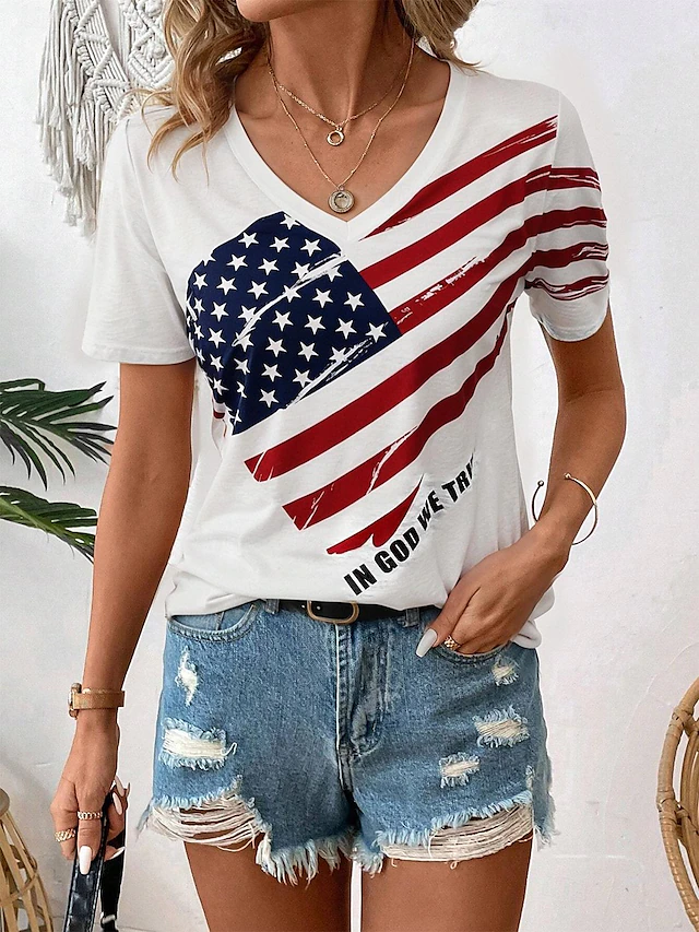 Women's Patriotic T Shirt Casual American Flag Red White And Blue Short Sleeve Regular Tops V Neck Daily White Summer 5