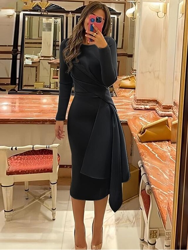  Φόρεμα Γάμου στην Παραλία Σιθ Κοκτέιλ Κομψό Φόρεμα Επίσημο Φιλοξενούμενος Μήκος Γόνατος Μακρύ Μανίκι Πολύτιμη Λαιμόκοψη Αέρινο Υλικό με Πτυχώσεις Ραμμένα Φορέματα