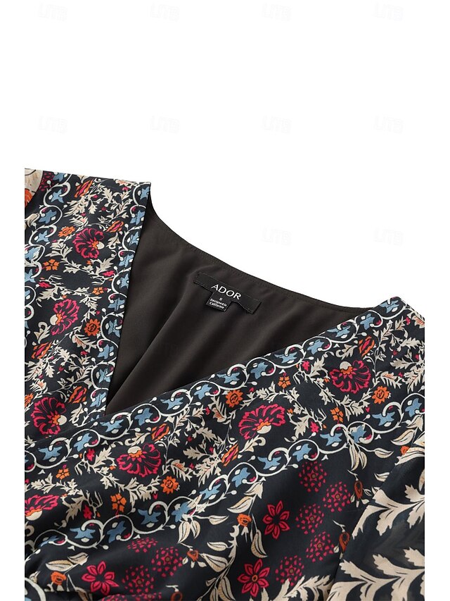 Women's Bohemian Style Blue Floral Print V-Neck Lantern Sleeve Chiffon Maxi Dress