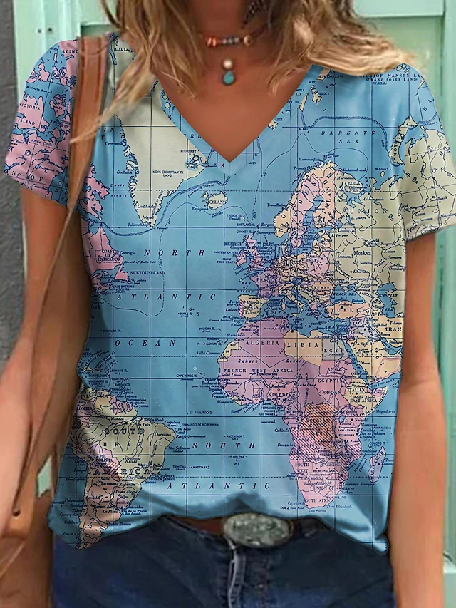 Women's T Shirt Blouse Basic Modern Print T-shirt Sleeve Short Sleeve Regular Tops V Neck Street Daily Blue Summer 10