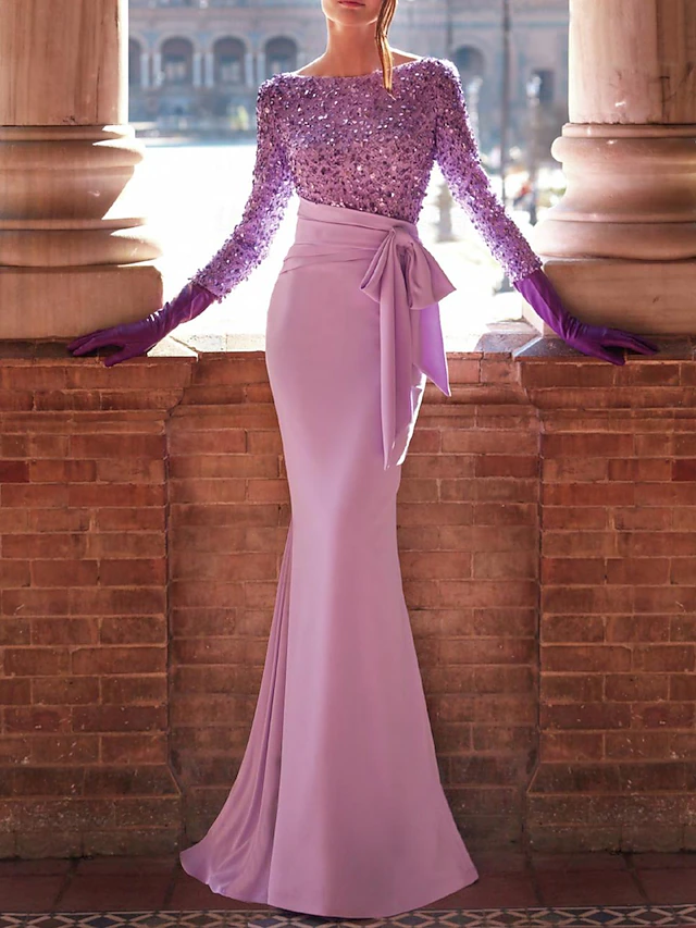 Mermaid Sequin Evening Gown Elegant Dress Formal Wedding Reception Floor Length Long Sleeve Jewel Neck with Bow(s) Pearls Masquerade Dress4