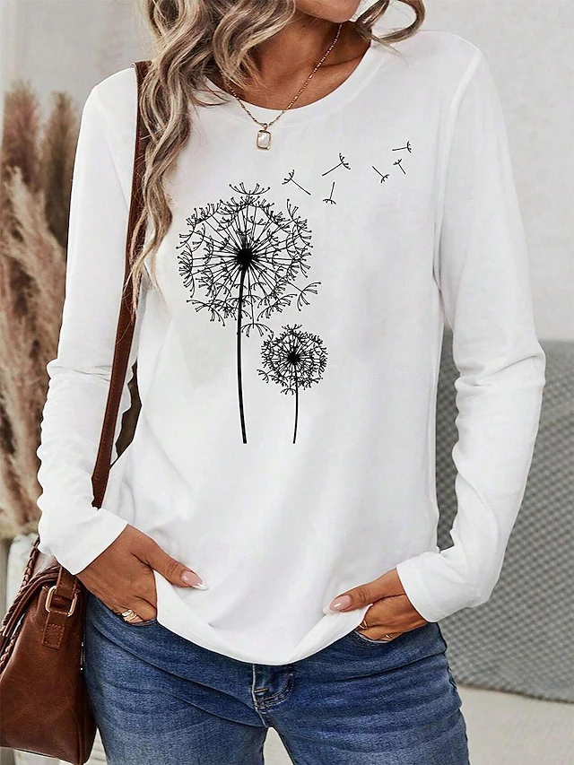 Women's T Shirt Dandelion Basic Casual Long Sleeve Crew Neck Regular Tops Daily Print White Spring & Fall4