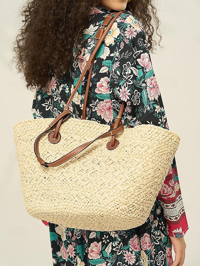  geantă tote mare de damă boho chic cu bretele din piele, perfectă pentru ieșirile la plajă și zilele casual de vară
