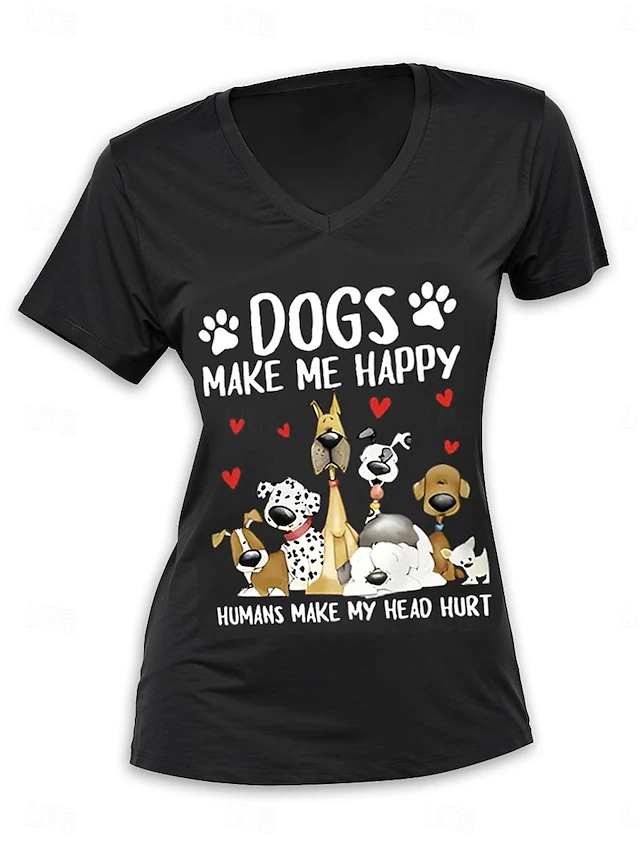 Women's T Shirt Dog Letter Cute Casual Short Sleeve V Neck Regular Tops Daily Print Black Summer4