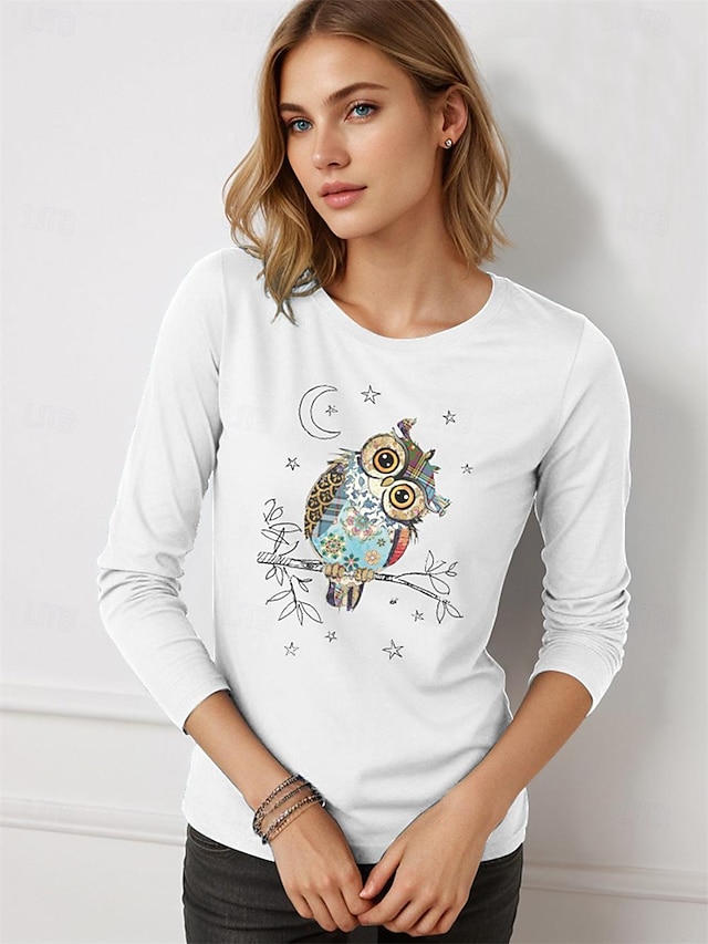  100% Cotton Owls Print Women's Casual Daily T shirt Long Sleeve Crew Neck T shirt