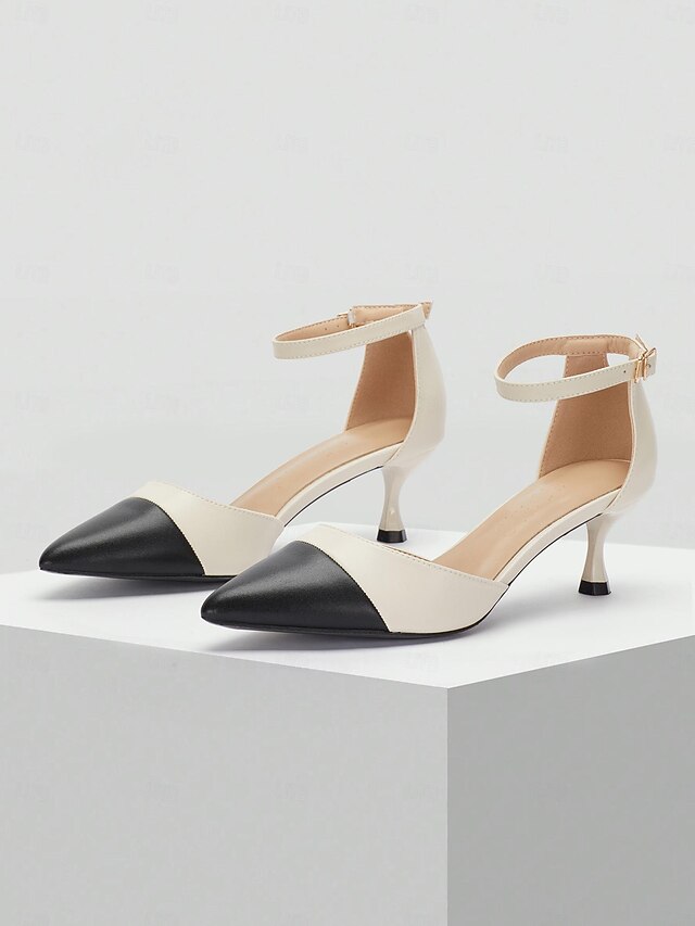 Stylish Women's Two-Tone Pointed Toe Kitten Heel Ankle Strap Pumps - Perfect for Office and Formal Occasions 8