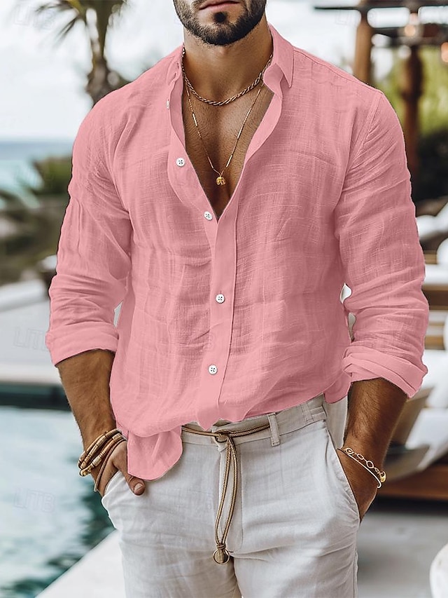 Homme Chemise Chemise Lin Chemisette Chemise d'été Tenues de plage Chemise boutonnée Plein Casual du quotidien Noir Blanche Rose Claire Bleu manche longue Col Printemps été Vêtement Tenue