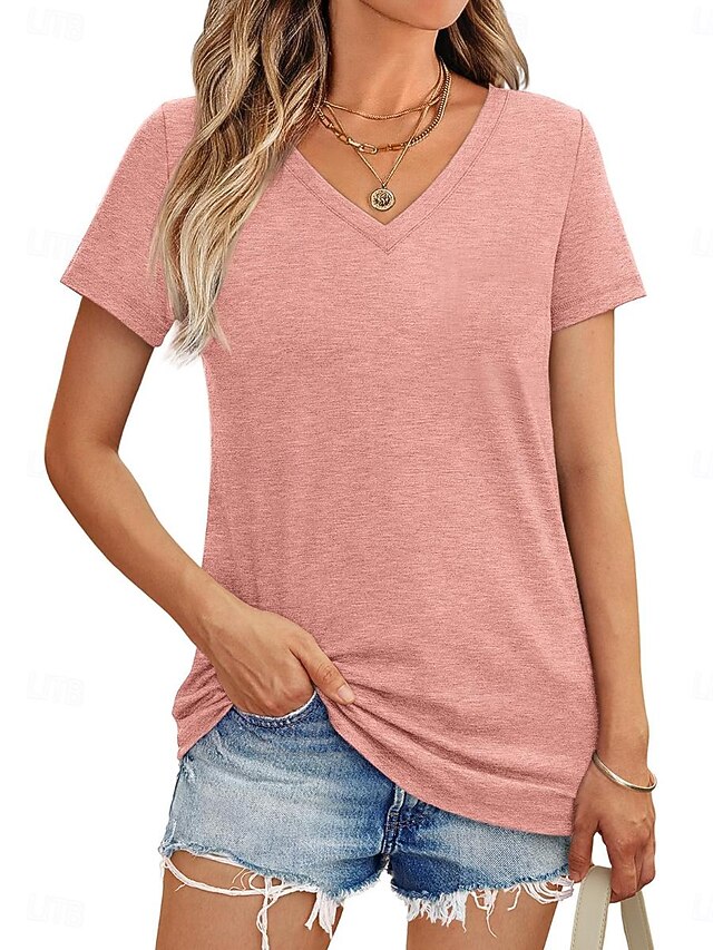 Women's T Shirt Solid Color Plain Basic Basic Casual Short Sleeve V Neck Regular Tops Daily Print Pink Summer4