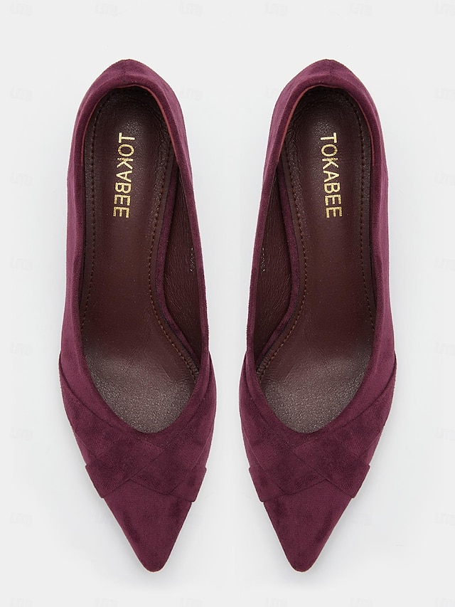  pantofi cu toc pisoi din piele intoarsa visiniu cu detaliu de noduri incrucisate pentru o tinuta eleganta si formala