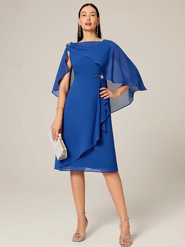 Women's Plus Size Wedding Guest Cocktail Dress Set Chiffon Ruffle Boat Neck Sleeveless Midi Dress Party Elegant Royal Blue Summer 6