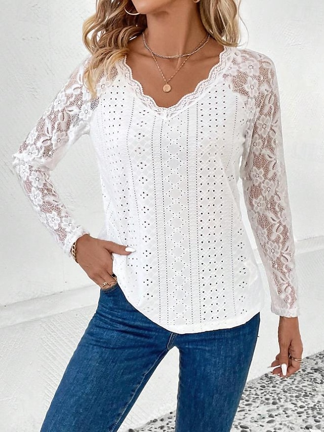  Women's Blouse Solid Color Lace Eyelet Daily Elegant Long Sleeve V Neck White Spring Fall