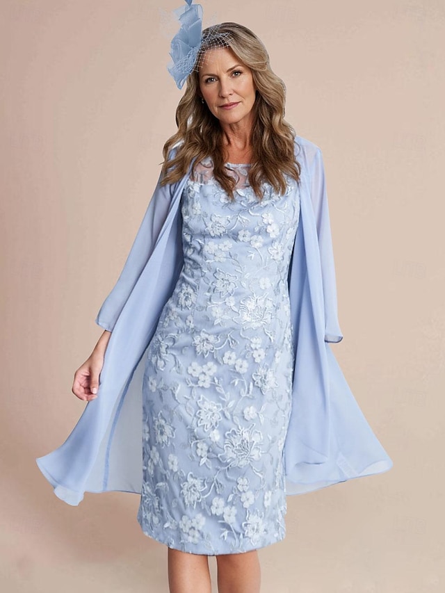  Two Piece Sheath Mother of the Bride Dress Elegant Jewel Neck Knee Length Lace Stretch Chiffon 3/4 Length Sleeve Wrap Included Jacket Dresses with Lace free custom size