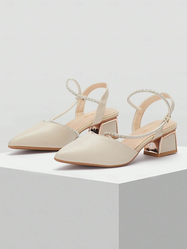 Elegant Women's Slingback Pointed Toe Heels with Rhinestone Strap - Beige Mid-Heel Shoes for Weddings and Parties 13