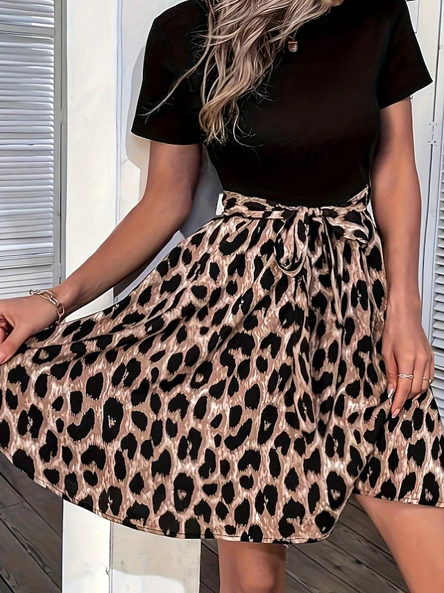 Women's Leopard Tie Front Crew Neck Mini Dress Stylish Casual Daily Vacation Short Sleeve Summer 6