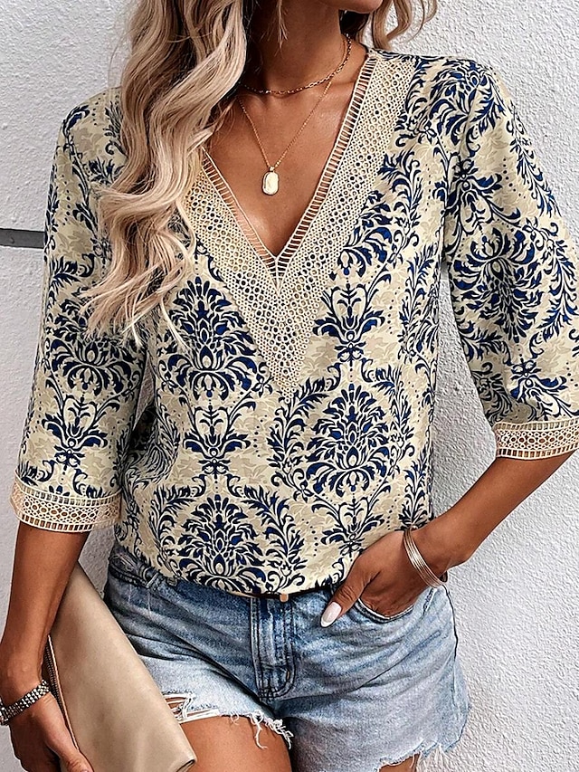 Women's Shirt Blouse Lace Trim Daily Stylish Casual 3/4 Length Sleeve V ...