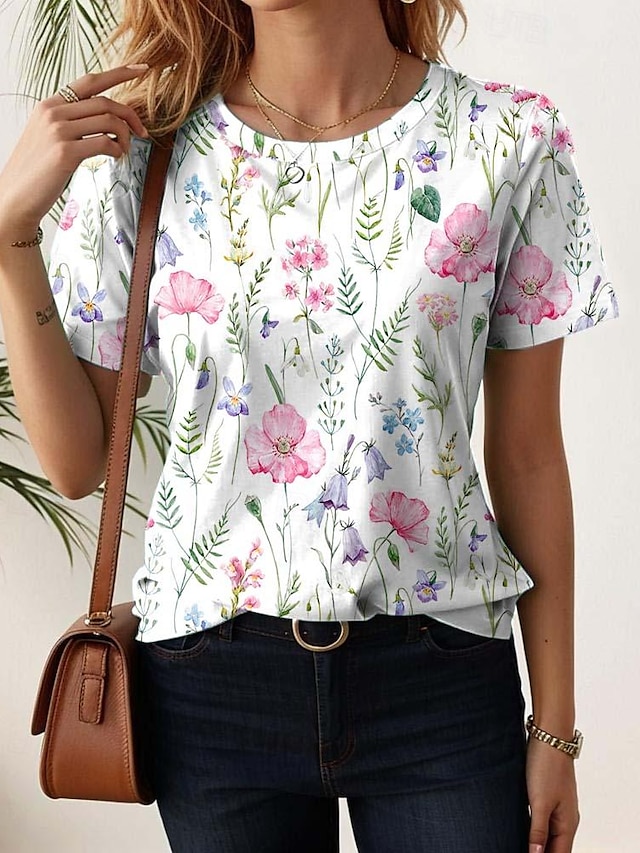  Damen T Shirt Blumen Farbblock Stilvoll Brautkleider schlicht Kurzarm Rundhalsausschnitt Normale Oberteile Täglich Bedruckt Weiß Rosa Blau Grün Regenbogen Sommer