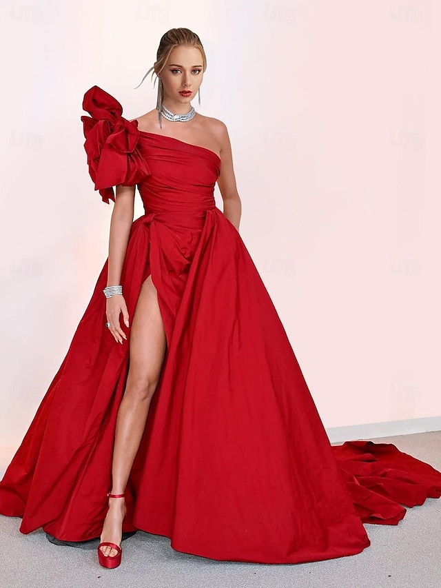  A-Line Evening Gown Celebrity Style Dress Red Green Dress Formal Black Tie Chapel Train Sleeveless One Shoulder Taffeta with Ruched Slit 2024