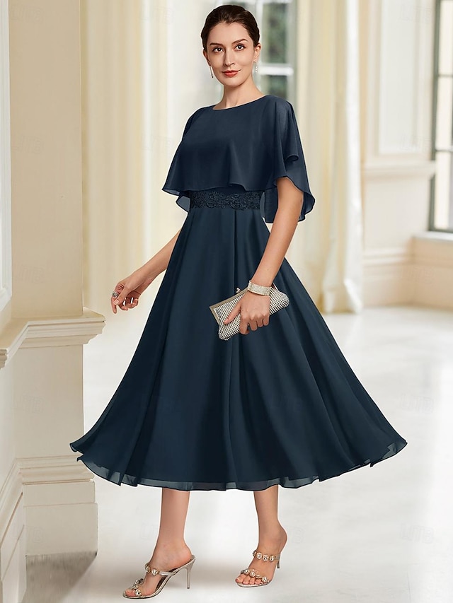  A-Linie Tee-Länge Partykleid Cocktailkleid Halbarm Juwelenhals Elegant Formell Chiffon Brautmutterkleid mit Spitze