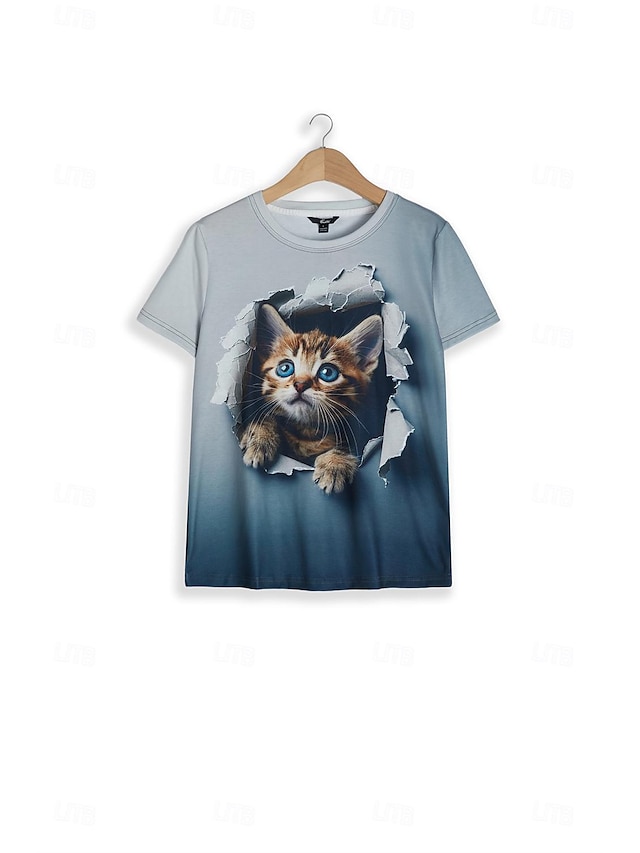  Women's T Shirt Fashion Cat Print Short Sleeve Regular Tops Round Neck Daily Weekend Gray Summer 3D cat