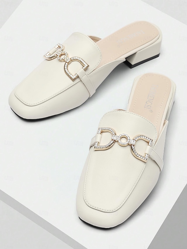  weiße Damen-Pantoletten aus Leder mit Strass-Schnalle – elegante Slipper zum Hineinschlüpfen für lässige und formelle Outfits