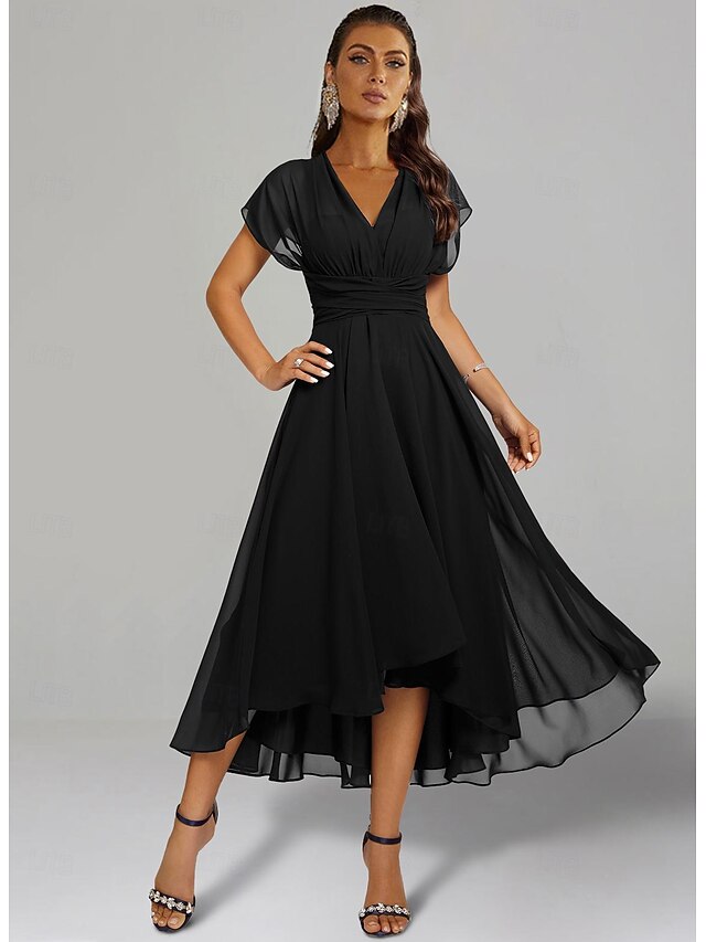 Elegant Solid Color Black A-Line Wedding Guest Dress