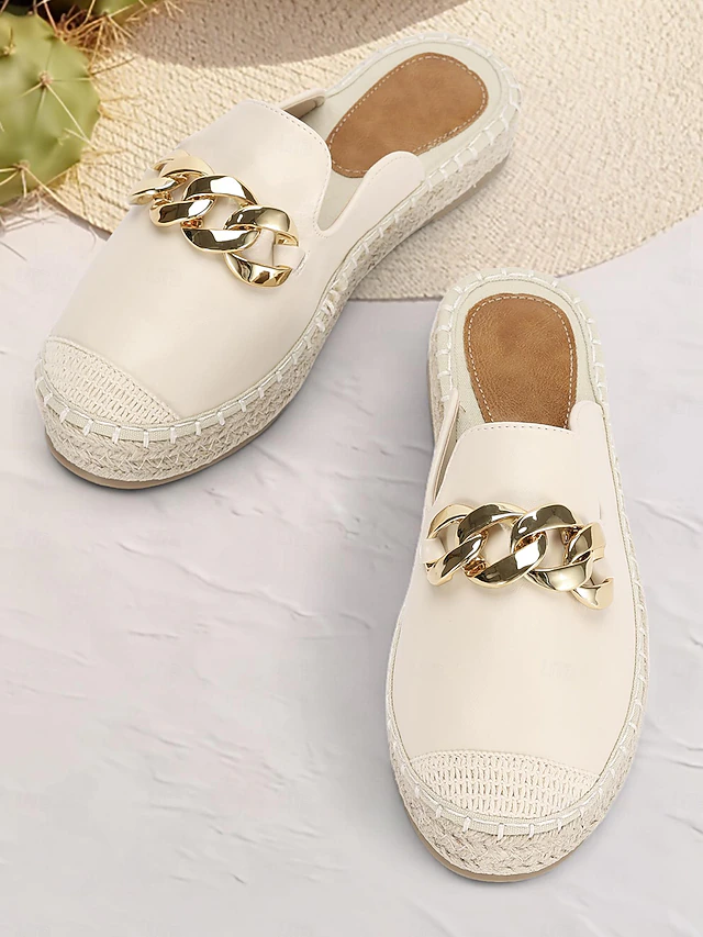 Women's Espadrille Mules with Gold Chain Detail – Casual Slip-On Flats for Summer Beach and Daily Wear 9