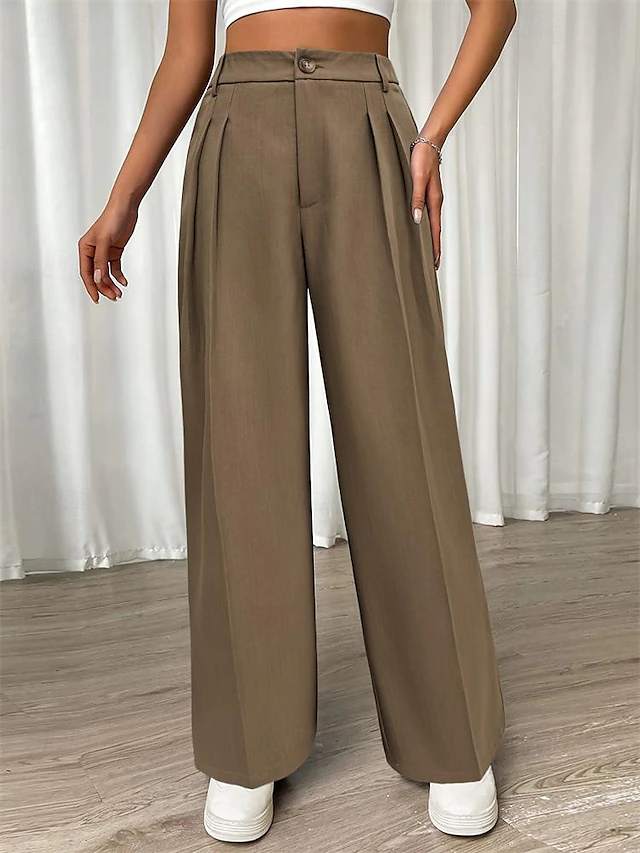 Women's Dress Pants Fashion Long Plain Side Pockets Wide Leg Breathability Comfortable Inelastic Daily Wear Khaki Spring & Summer Regular Fit 6