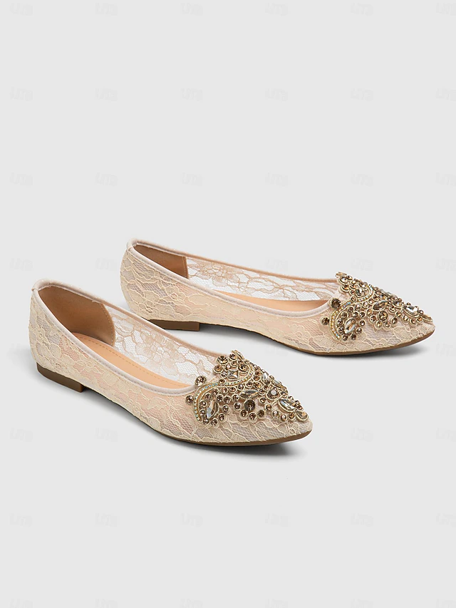 Elegant Women's Beige Lace Ballet Flats with Ornate Rhinestone Embellishments – Perfect for Weddings and Formal Events 7