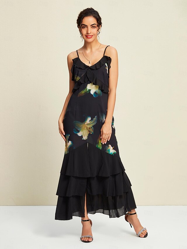 Chiffon Wedding Guest Floral Ruffle Split Ends Sleeveless Maxi Dress ...