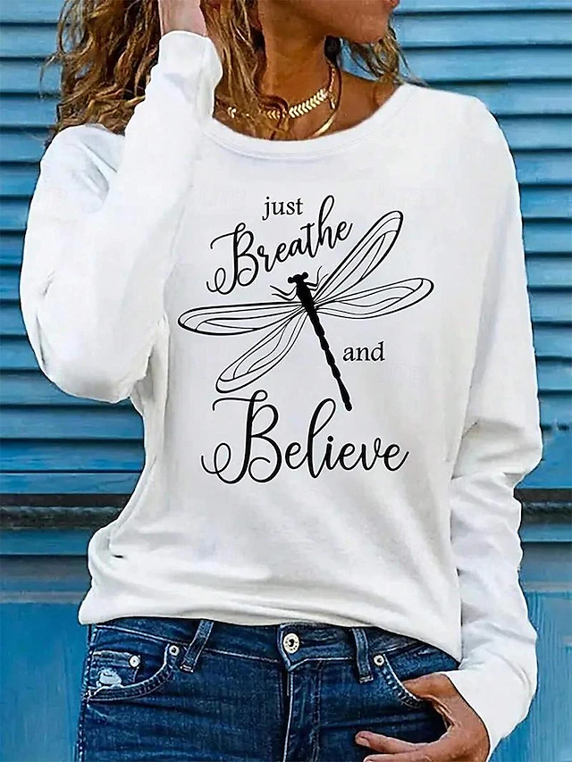 Women's 100% Cotton T Shirt Tee Daily Stylish Casual Long Sleeve White Spring & Fall Prefall4