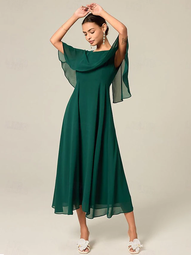 Women's Wedding Guest Cocktail Dress Chiffon Ruffle Elegant Formal Midi A Line Dress Crew Neck Short Sleeve Flared Sleeve Dark Green Color 9