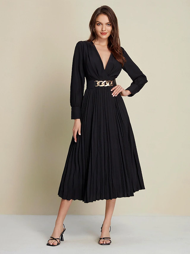Black Satin Pleated Party/Wedding Guest Deep V Long Sleeve Belted Maxi Dress dress to impress 2024 8