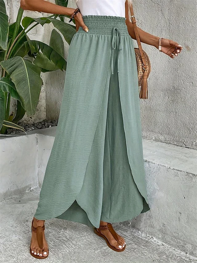 Women's Wide Leg Pants Trousers Fashion Long Plain Drawstring Split Breathability Comfortable Micro-elastic Casual Daily Green Spring & Summer Loose Fit 7