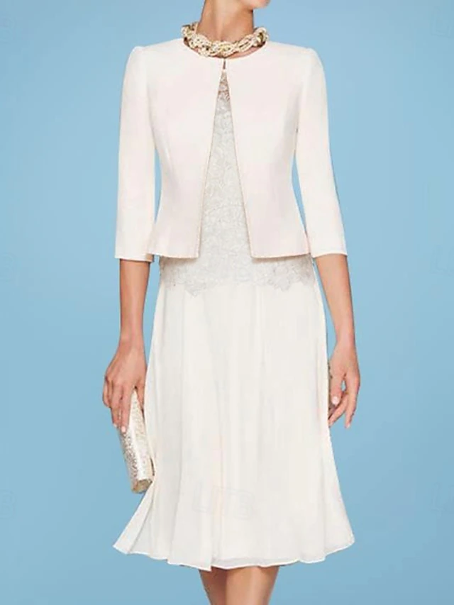 Beach Wedding Two Piece Sheath Mother of the Bride Dress Wedding Guest Church Elegant Jewel Chiffon Satin Lace Short Jacket Dresses with Appliques Race Day Dress 7